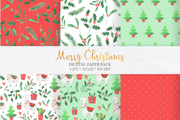 Watercolor Christmas Llama Digital Paper